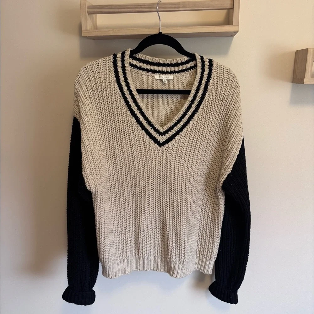 Z SUPPLY Hunter Varsity Chunky Knit Sweater - Beige & Black, size Medium - Picture 2 of 6